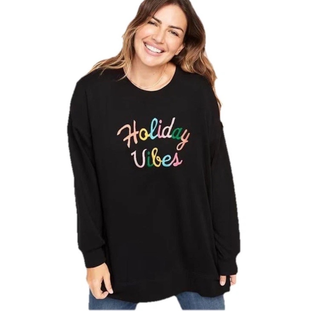 Old Navy Oversized Black Tunic colorful embroidered Holiday Vibes Sweatshirt XXL